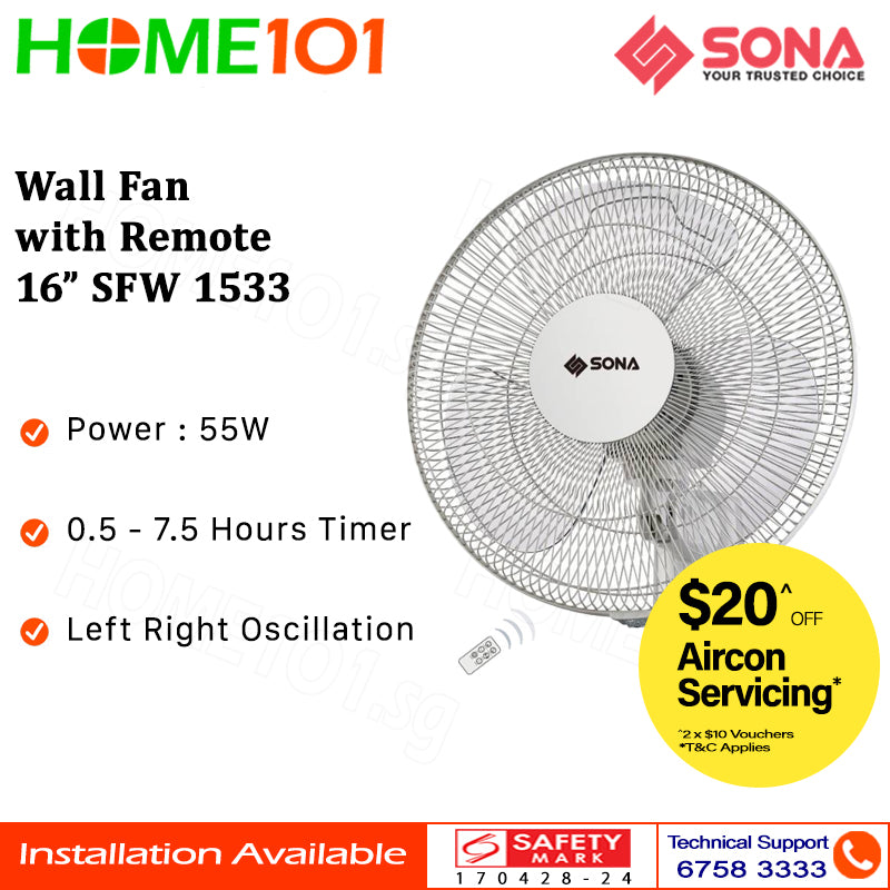 Sona Wall Fan with Remote 16" SFW 1533