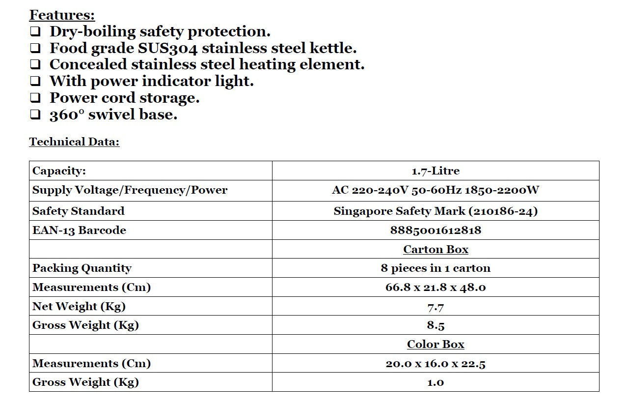 Takahi Electric Cordless Kettle 1.7L 1702 || 1788