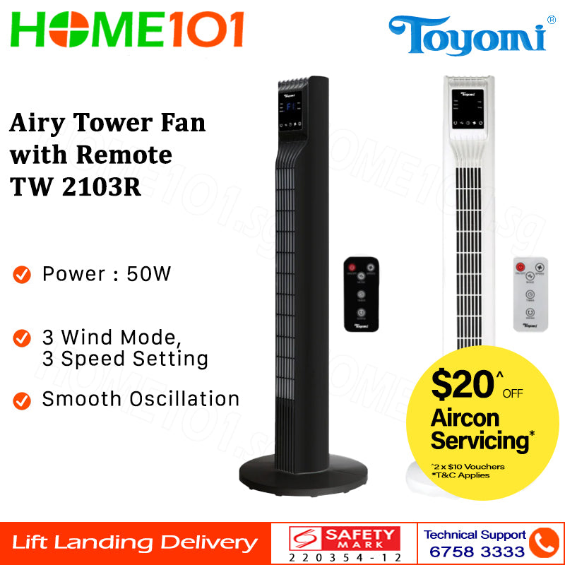 Toyomi Airy Tower Fan with Remote Control 92cm TW 2103R