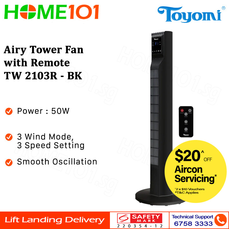 Toyomi Airy Tower Fan with Remote Control 92cm TW 2103R