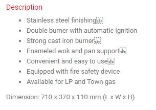Crown Table Top stainless Steel Double Burner Gas Cooker 318FSD LPG/PUB