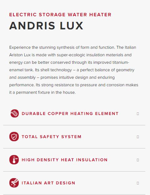 Ariston Storage Water Heater Andris 30L LUX 30