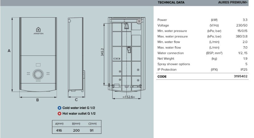 Ariston Instant Water Heater Aures Premium+ 3.3 SB