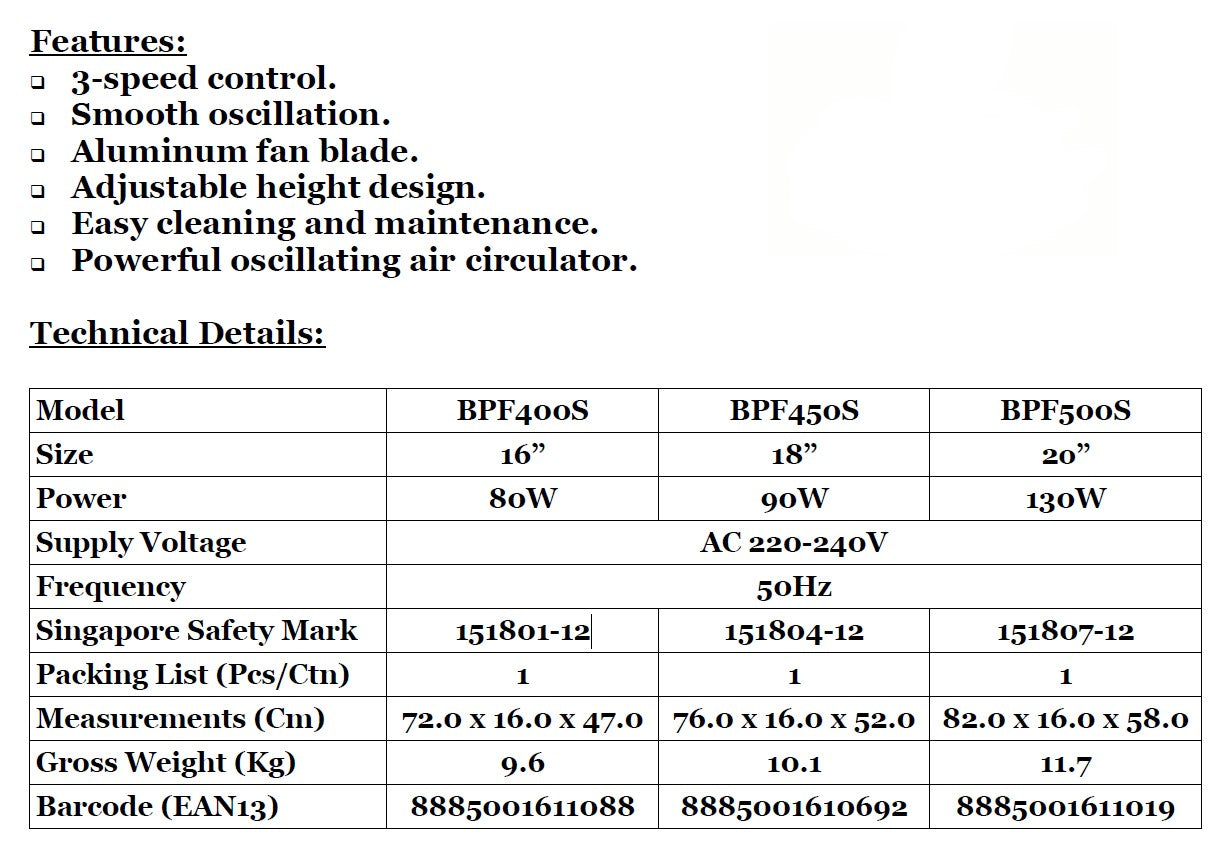 Booney Powerful Oscillating Air Circulator (Stand Fan) 16 - 20 Inch BPF400S || BPF450S || BPF500S