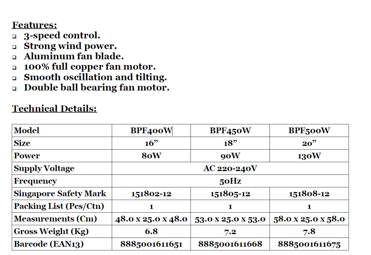 Booney Powerful Oscillating Air Circulator (Wall Fan) 16 - 20 Inch BPF400W || BPF450W || BPF500W