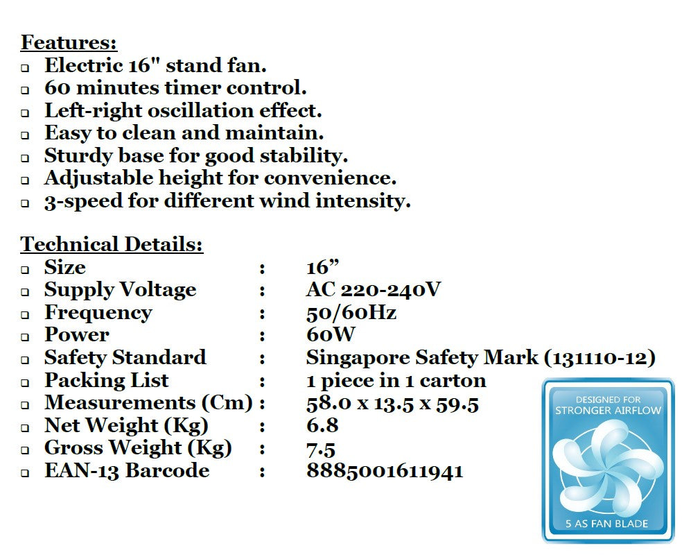 Booney Stand Fan with Timer 16 Inch BSF1602M