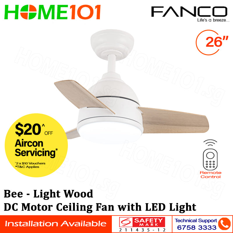 Fanco DC Motor Ceiling Fan with LED Light & Remote Control 26" Bee