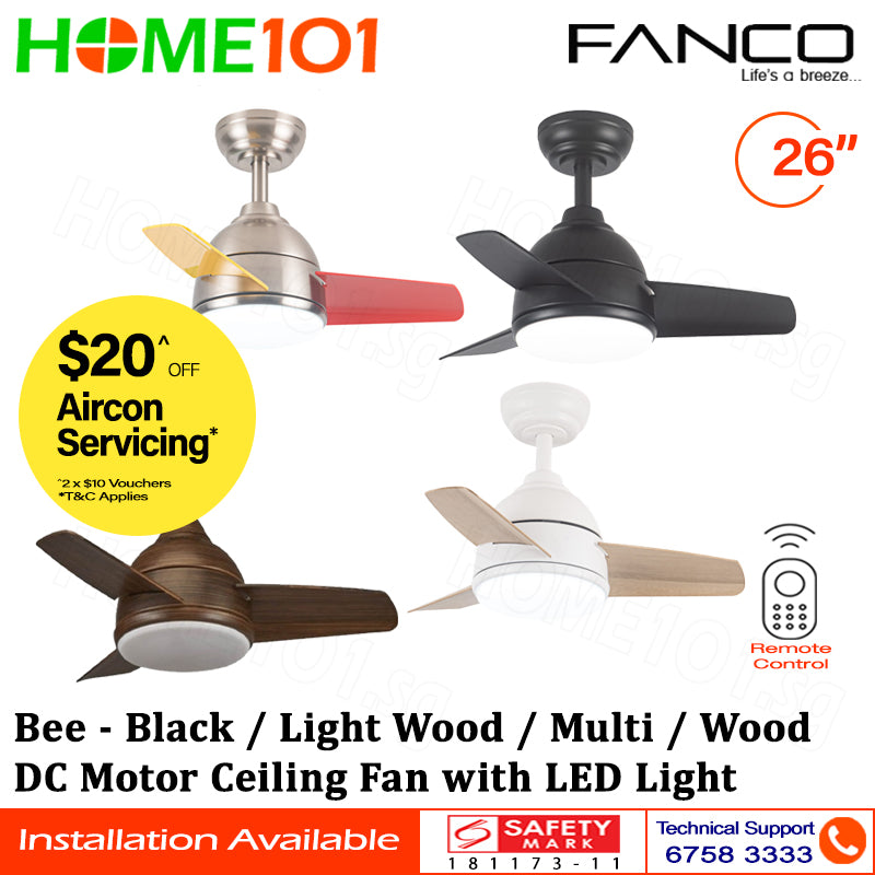 Fanco DC Motor Ceiling Fan with LED Light & Remote Control 26" Bee