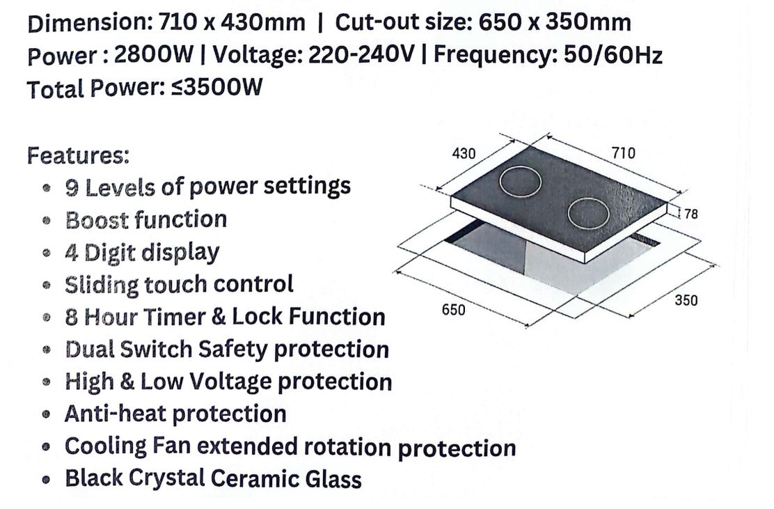 Crown 2 Zones Induction Hob 15Amp C3500