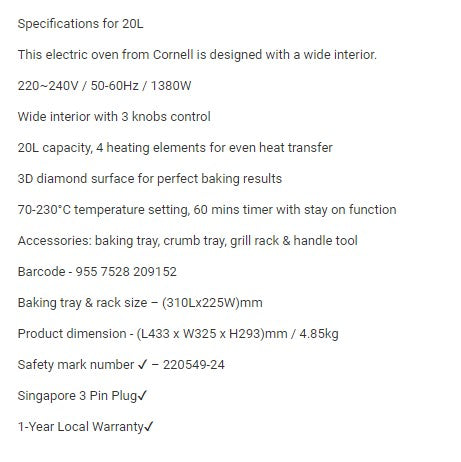 Cornell Electric Oven 20L CEO-S20BK