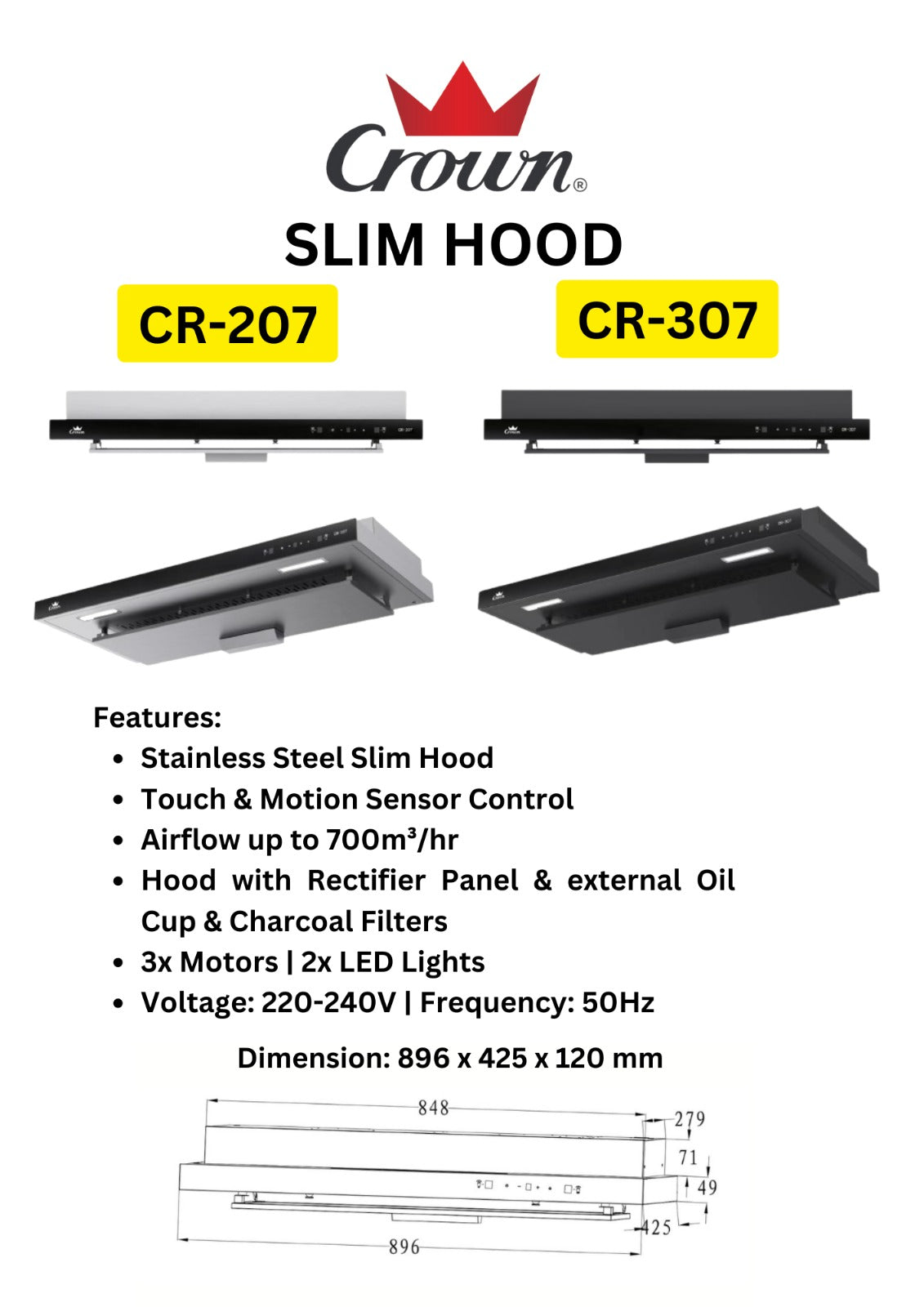 Crown Slimline Hood 90cm CR-207 || CR-307