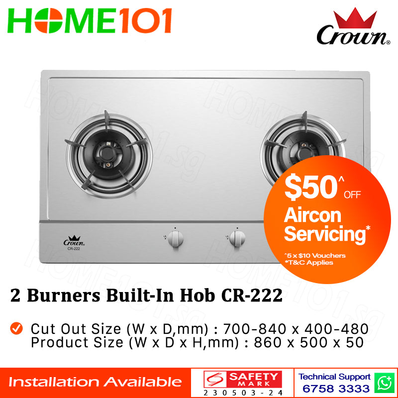 Crown Built-In Hob Stainless Steel 2 Burners CR-222 LPG / PUB - FREE INSTALLATION