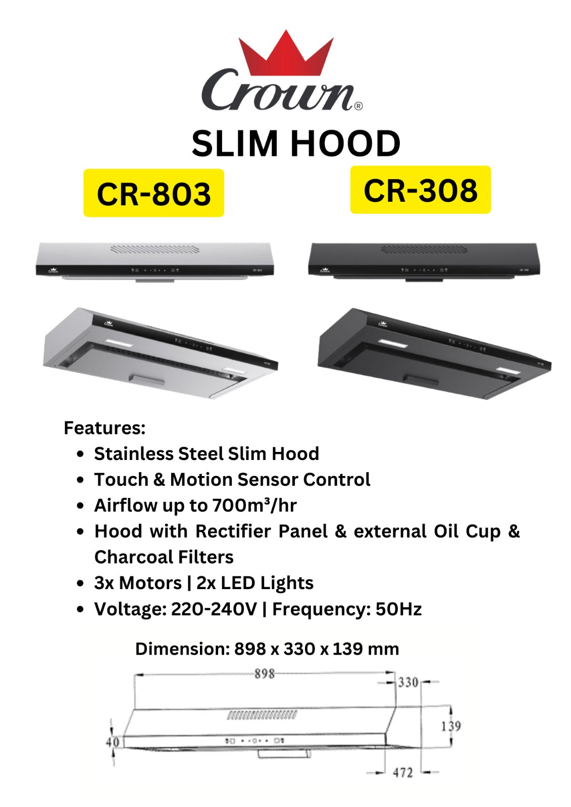 Crown Slimline Hood 90cm CR-803 || CR-308