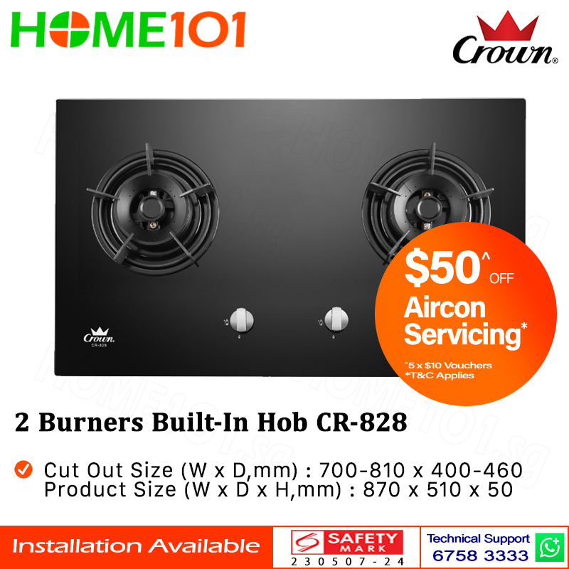 Crown Built-In Hob Tempered Glass 2 Burners CR-828 LPG / PUB - FREE INSTALLATION