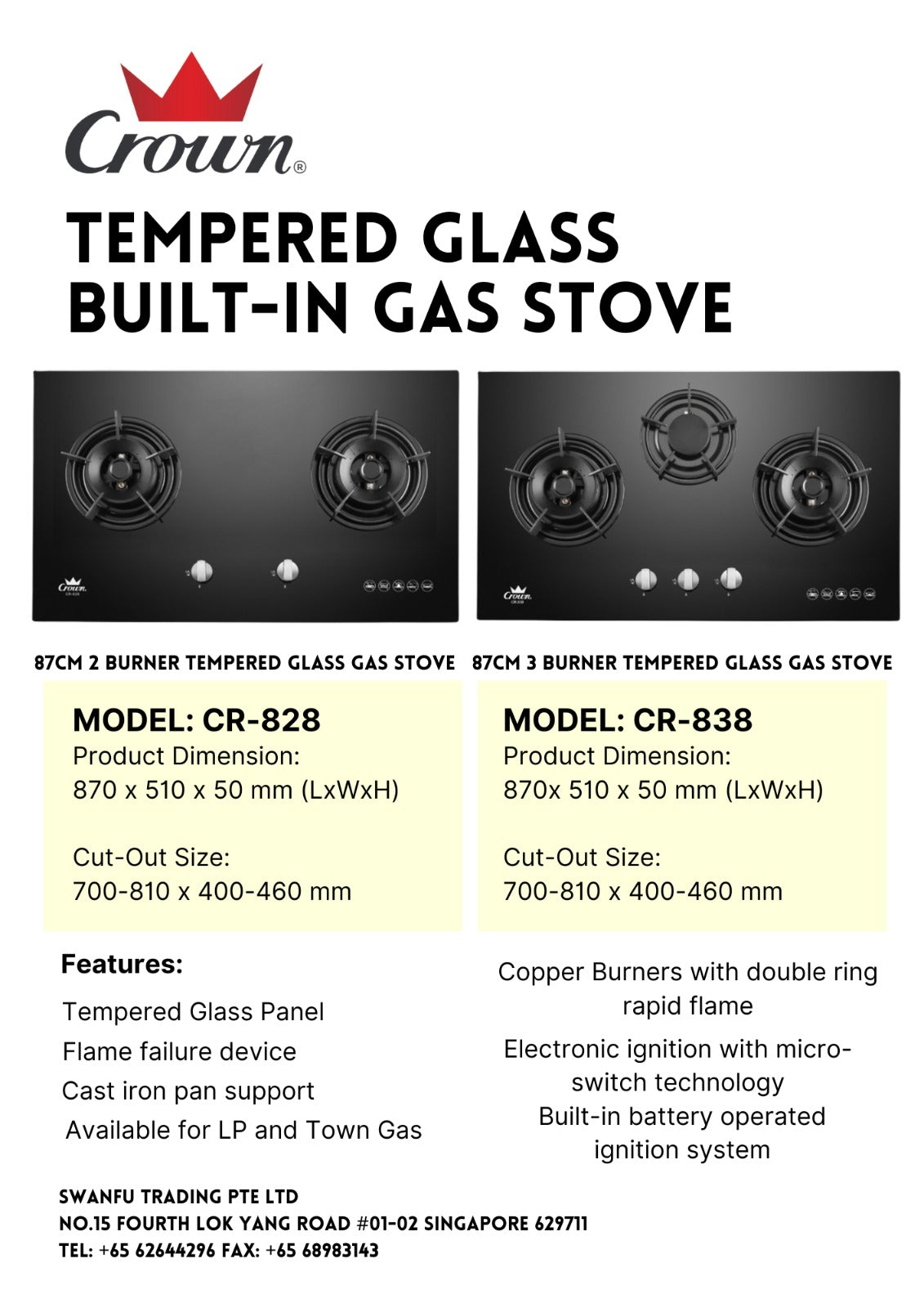 Crown Built-In Hob Tempered Glass 2 Burners CR-828 LPG / PUB - FREE INSTALLATION