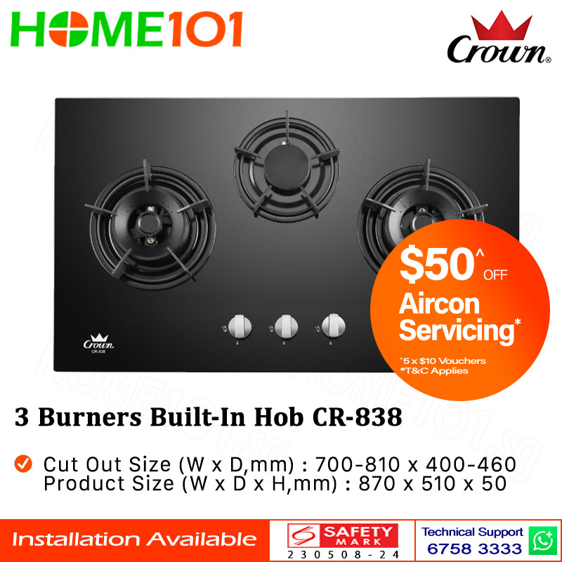 Crown Built-In Hob Tempered Glass 3 Burners CR-838 LPG / PUB - FREE INSTALLATION