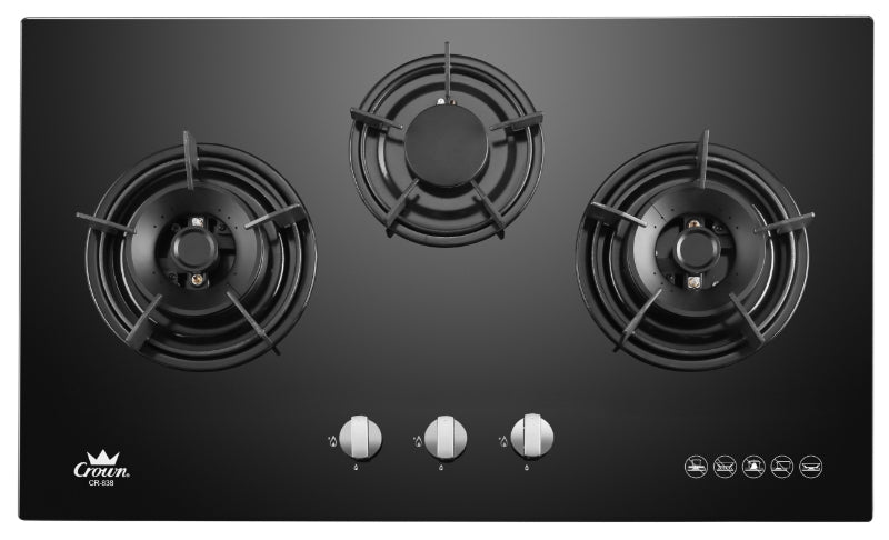 Crown Built-In Hob Tempered Glass 3 Burners CR-838 LPG / PUB - FREE INSTALLATION