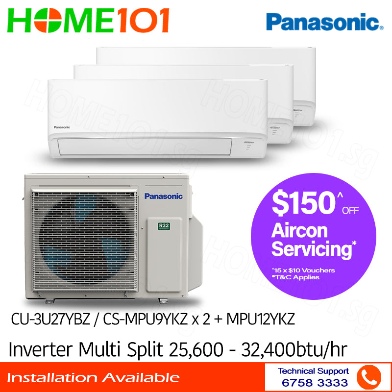 Panasonic Inverter Multi-Split AirCon CU-3U27YBZ / CS-MPU9YKZ x 2 + MPU12YKZ