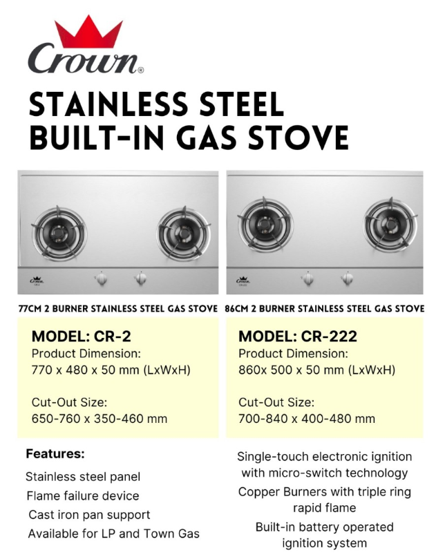 Crown Built-In Hob Stainless Steel 2 Burners CR-222 LPG / PUB - FREE INSTALLATION