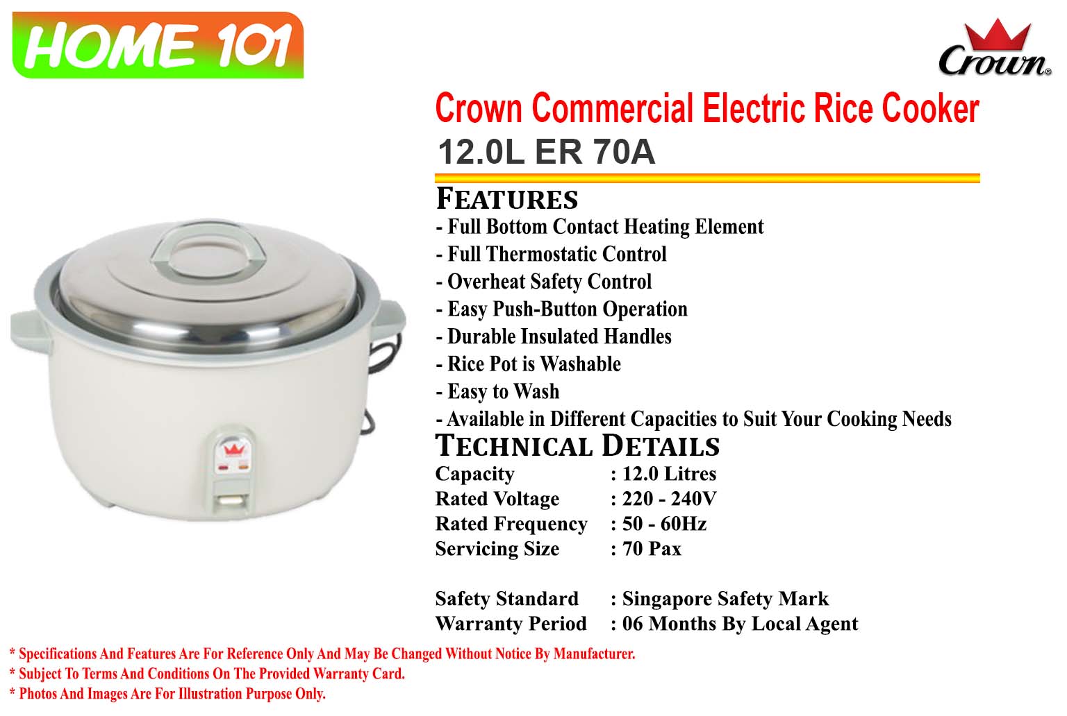 Crown Commercial Electric Rice Cooker 12L ER 70A