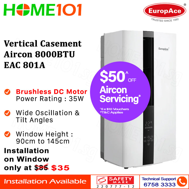 EuropAce Vertical Casement Aircon 8000BTU EAC 801A *INSTALL $35.00