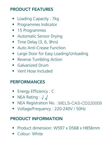 Elba Air Vented Dryer 7.0KG EBD 750V I EBD 750 V