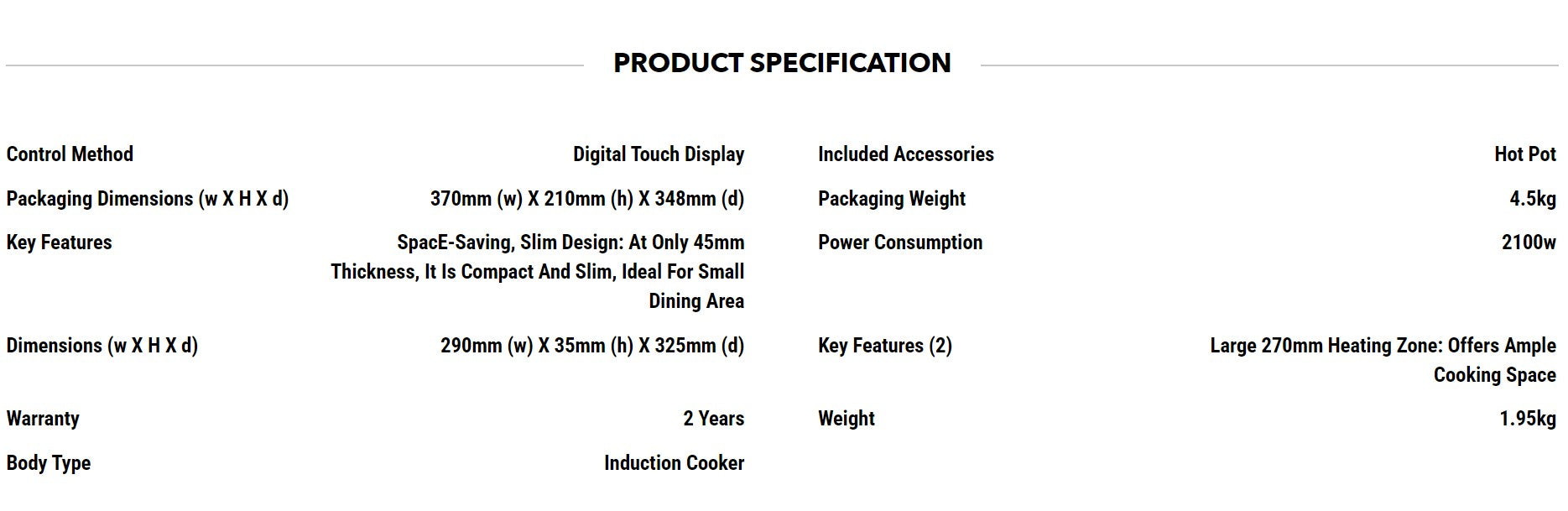 Jogen Single Plate Induction Cooker 2100W EC 2100