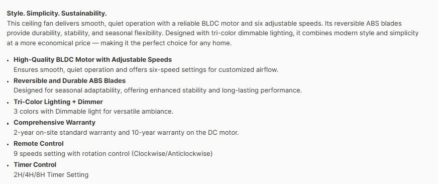 Europace BLDC Motor Ceiling Fan with LED Light & Remote Control 36" ECF36H