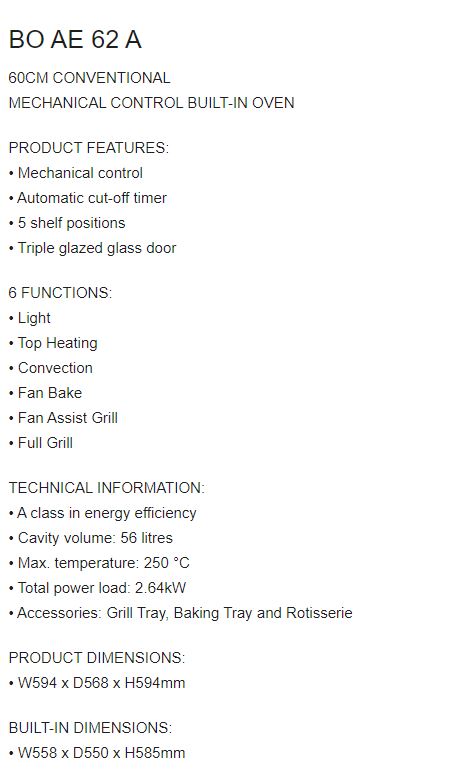 EF Built-In Oven 60cm BO AE 62 A