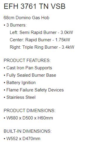 EF 3 Burners Domino Hob EFH 3761 TN VSB