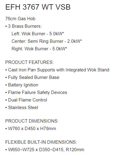 EF 3 Burners Built-In Hob EFH 3767 WT VSB