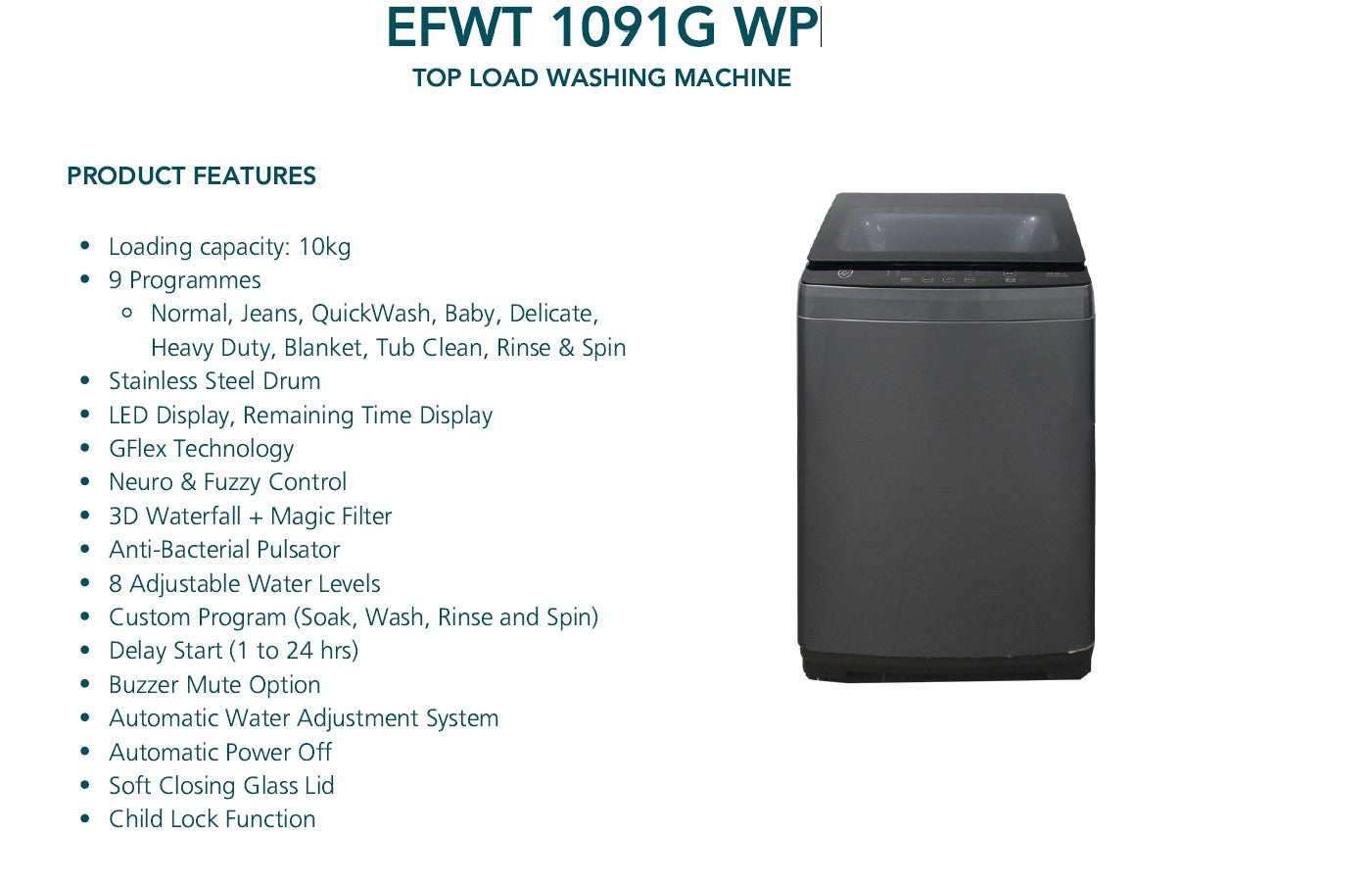EF Top Load Washing Machine 10KG EFWT 1091G WP