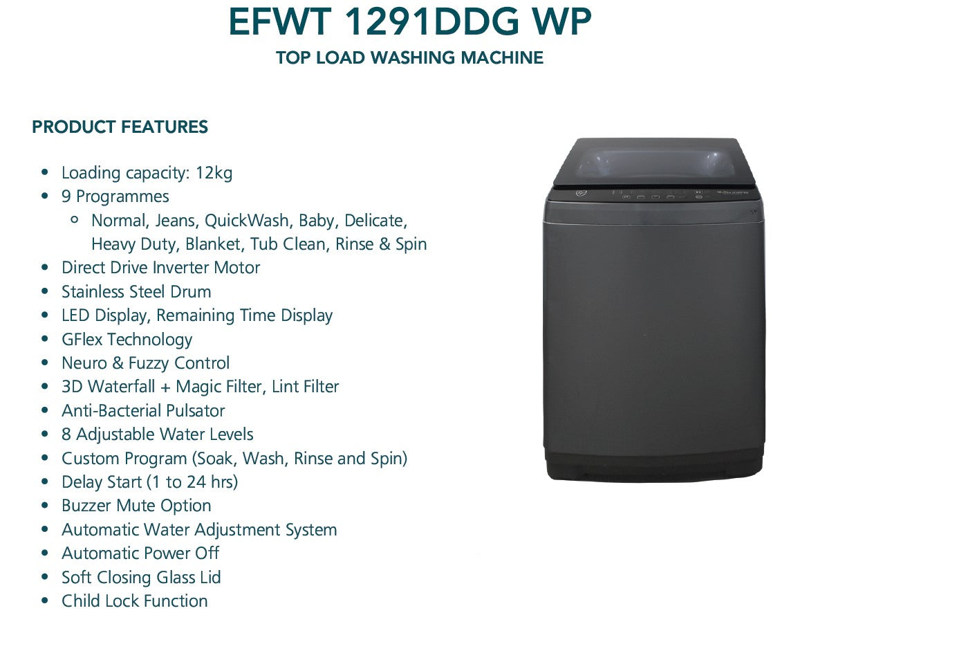 EF Top Load Washing Machine 12KG EFWT 1291DDG WP