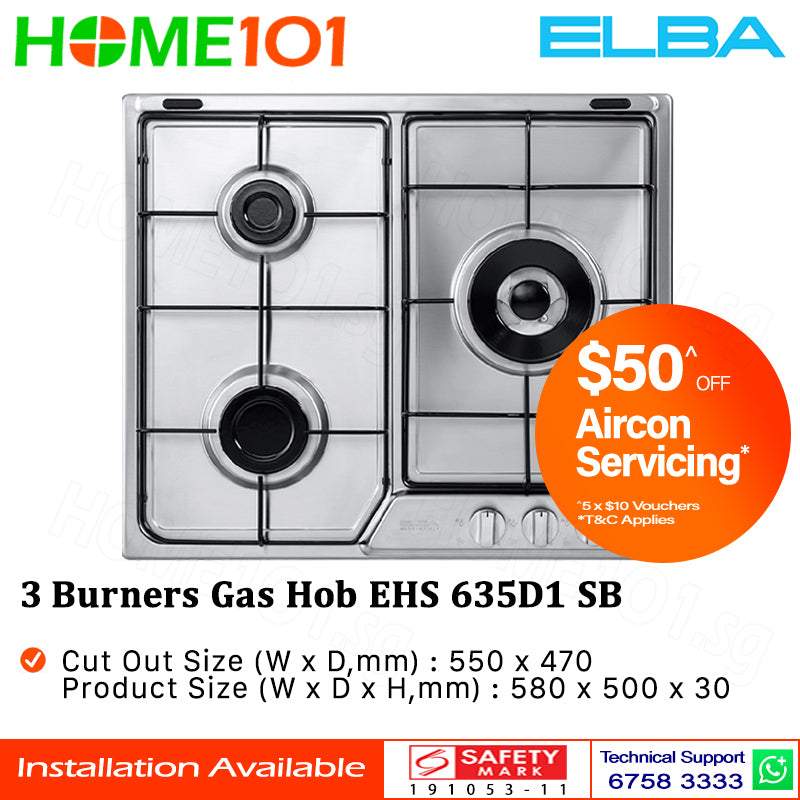 Elba Built In Stainless Steel Hob 3 Burners EHS 635D1 SB