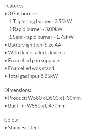 Elba Built In Stainless Steel Hob 3 Burners EHS 635D1 SB