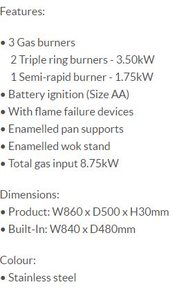 Elba Built In Stainless Steel Hob 3 Burners EHS 935D1 SB