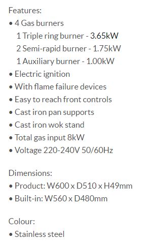 Elba 4 Burners Gas Hob ELIO 65-445D1