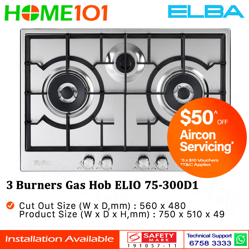 Elba 3 Burners Gas Hob ELIO 75-300D1