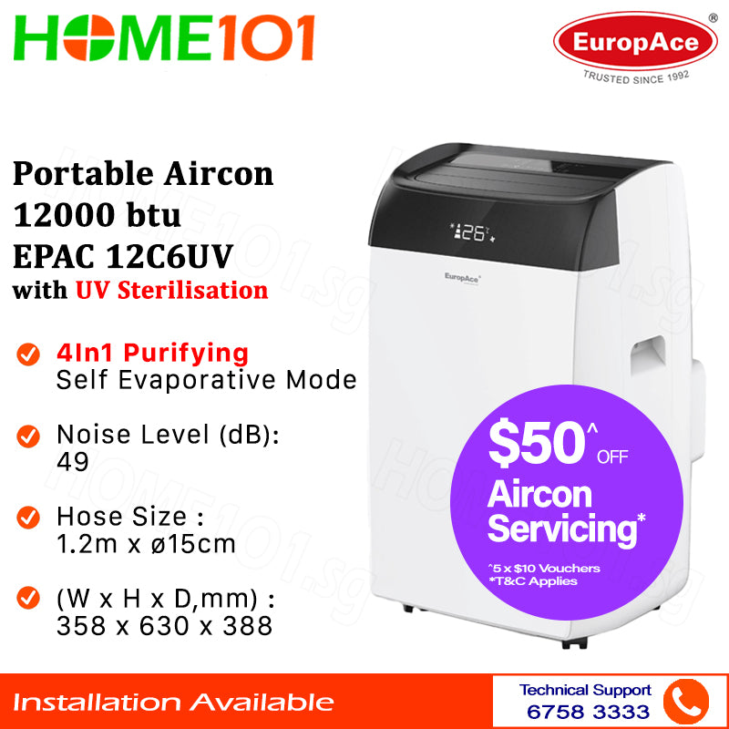 EuropAce Portable Aircon 12000 btu EPAC 12C6UV | EPAC-12C6UV | EPAC12C6UV