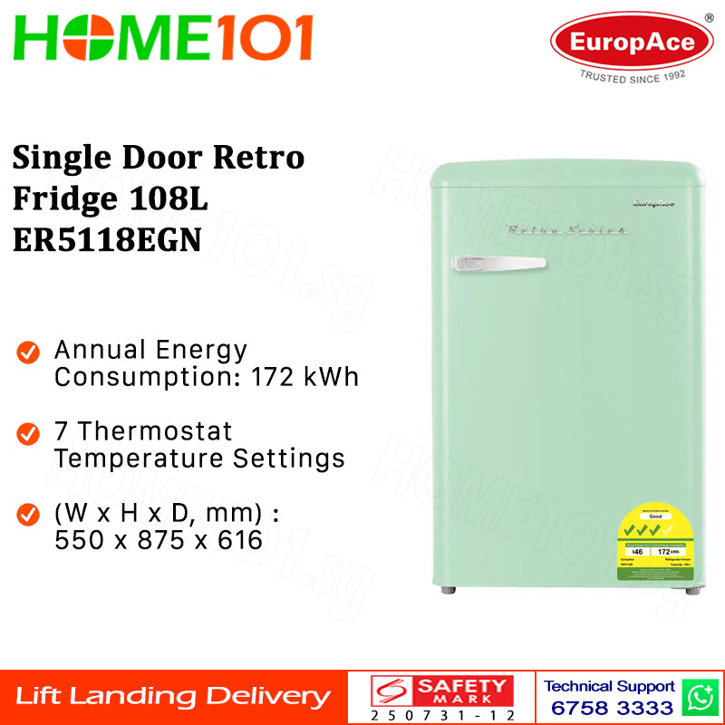 Europace Single Door Retro Fridge 108L ER5118EGN
