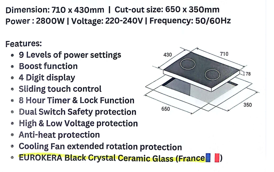 Crown 2 Zones Induction Hob 13Amp EU2800