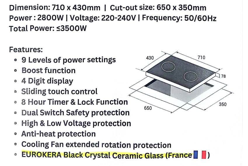 Crown 2 Zones Induction Hob 13 - 15Amp EU2800 || EU3500 *FREE INSTALLATION*