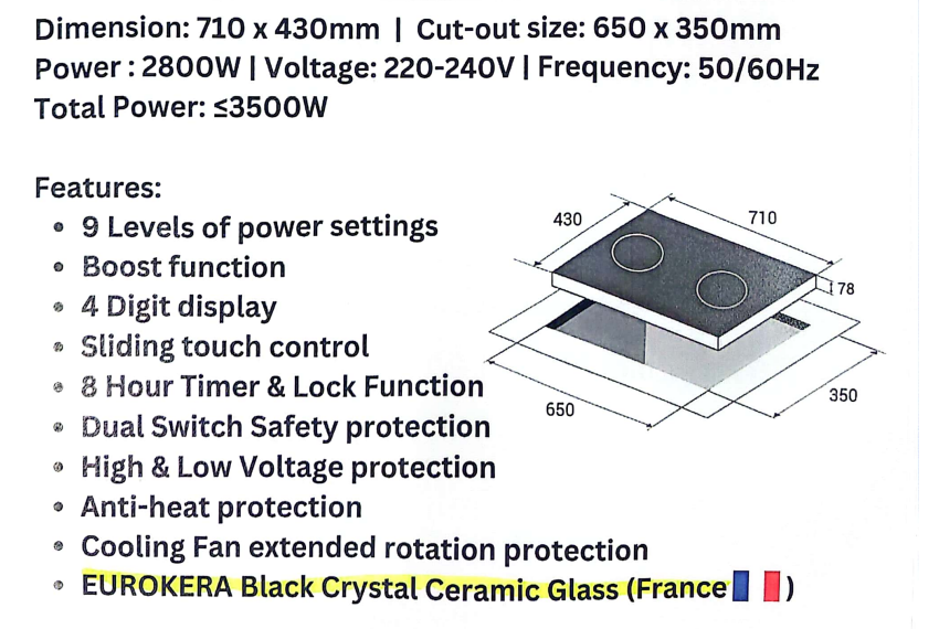 Crown 2 Zones Induction Hob 15Amp EU3500