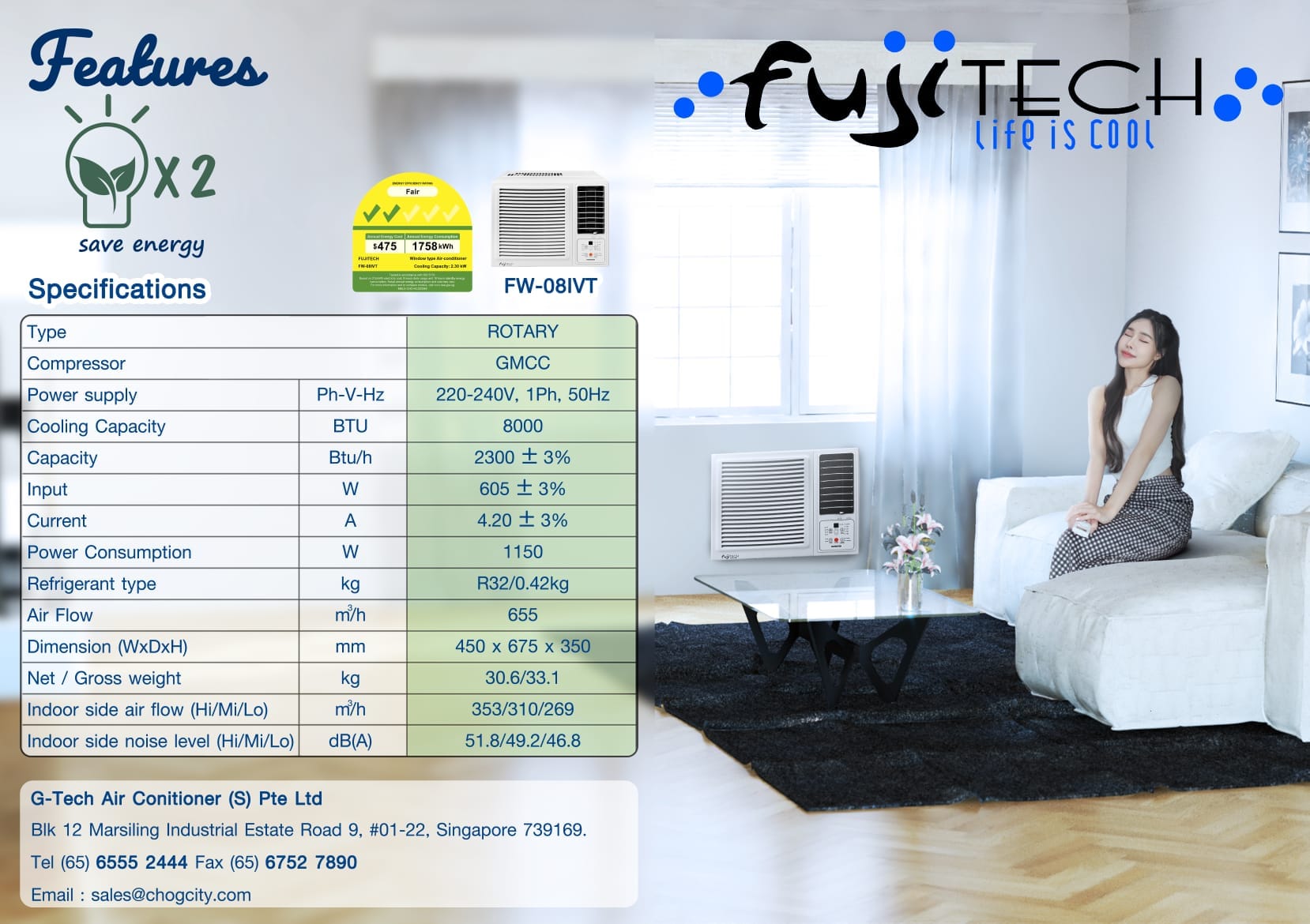 Fujitech Inverter Window Air Con 8000BTU FW-08IVT