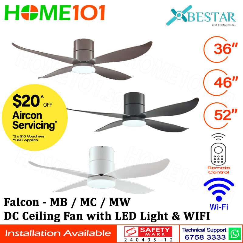 ($1 REPLACEMENT) Bestar DC Motor Ceiling Fan with LED Light & Wi-Fi 36"/46"/52" Falcon
