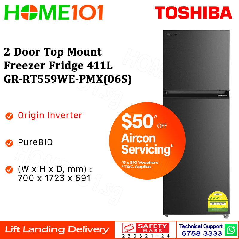 Toshiba 2 Door Top Mount Freezer Fridge 411L GR-RT559WE-PMX(06S) | GR-RT559WE-PMX(21S) | GR-RT559WE-PMX(22S)