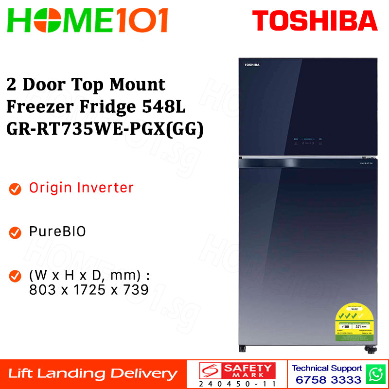 PRE-ORDER (ETA MID AUG) Toshiba 2 Door Top Mount Freezer Fridge 548L GR-RT735WE-PGX(GG)
