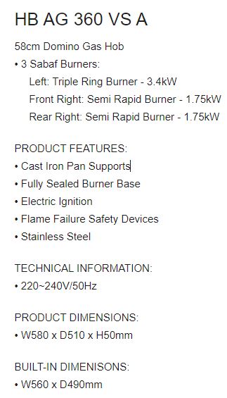 EF 3 Burners Domino Hob HB AG 360 VS A