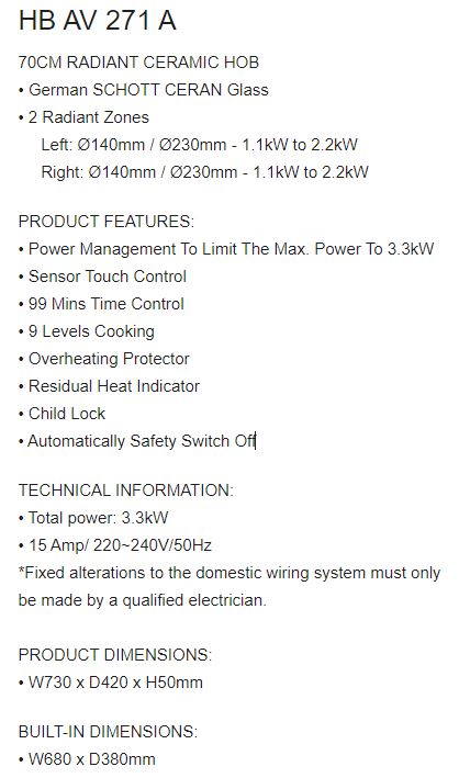 EF 2 Zones Domino Hob HB AV 271 A