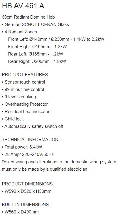 EF 4 Zones Domino Hob HB AV 461 A